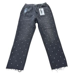 Simple Society Black Grey Rhinestone Straight Leg Jeans Super High Rise 9/29 NWT